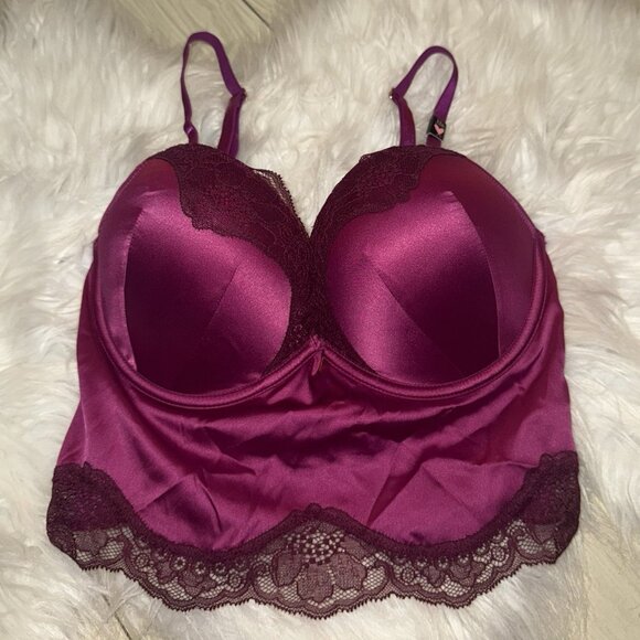 Victorias Secret Bombshell Plunge Bra Longline Add 2 Cups Satin Lace UW 32D New - Picture 2 of 7